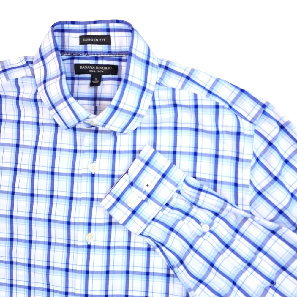 Banana Republic Mens Camden Fit Non-Iron Plaid Dress Shirt Blue White Small